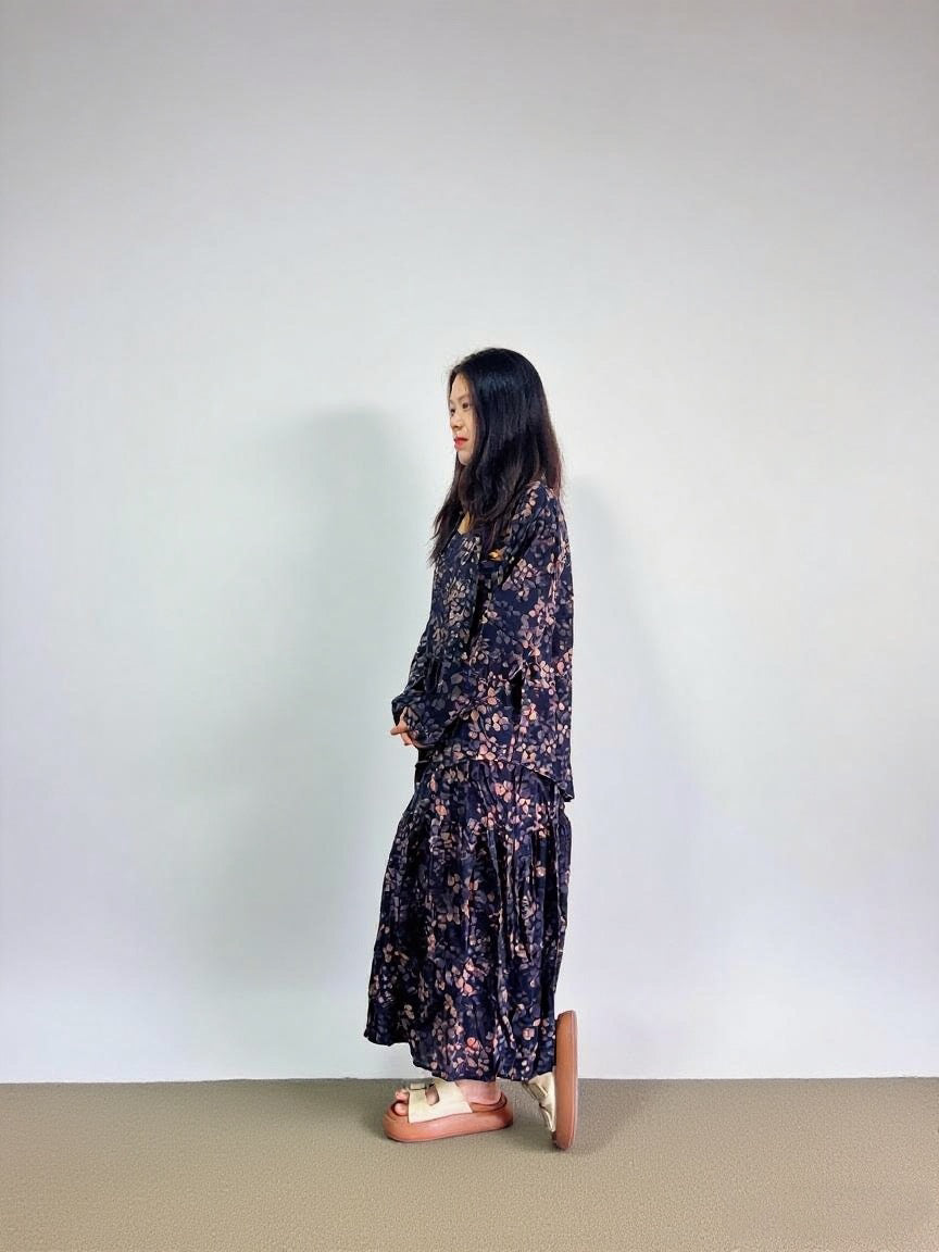Floral Midi Dress & Cardigan Set – Navy Blue, Lightweight for Spring/Fall
