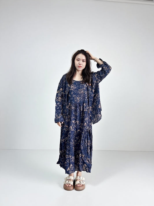 Floral Midi Dress & Cardigan Set – Navy Blue, Lightweight for Spring/Fall